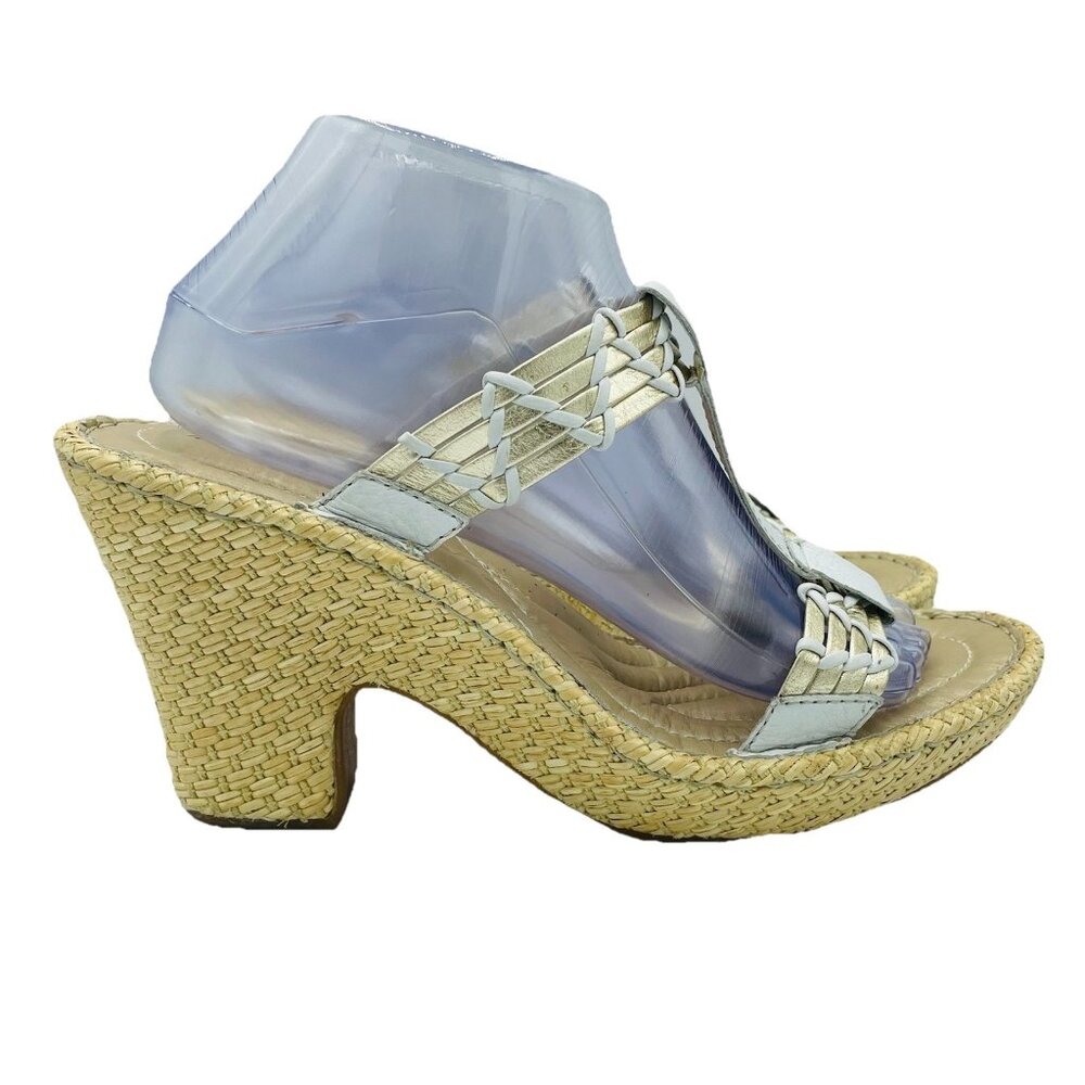 Born Sandals Womens Size 10M Gold White Leather Tinker High Heels T-Strap Mules